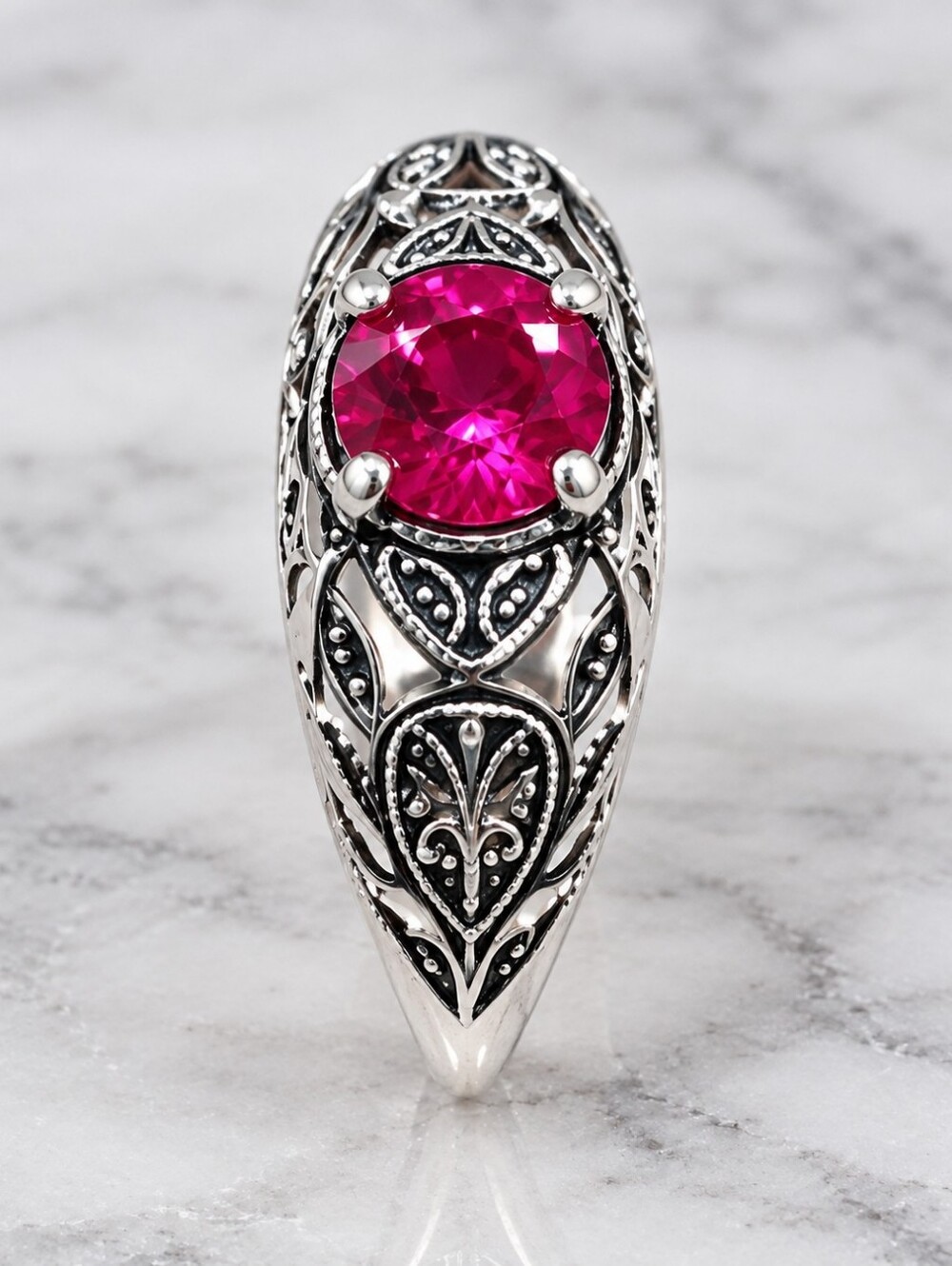 Natural Ruby 925 Sterling Silver Edwardian Filigree Ring Size 8 Art Deco
